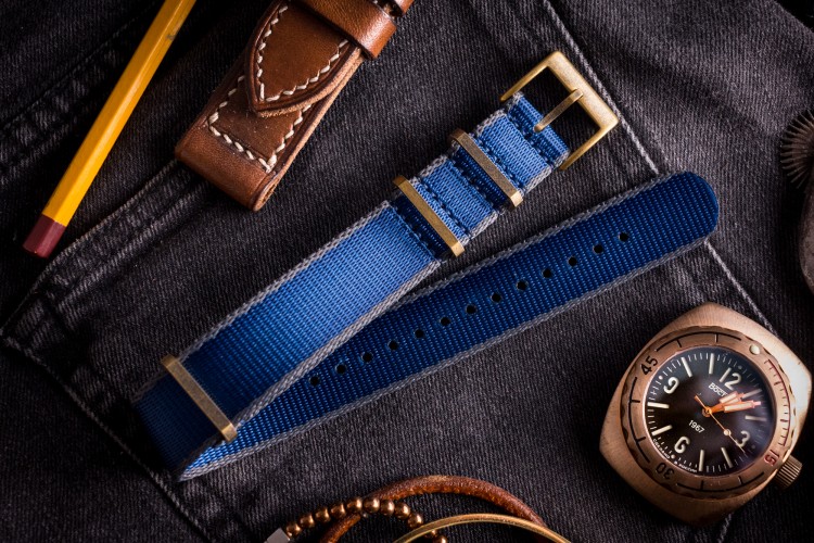 Bronze Hardware Blue and Grey Premium Slip Through Nato Watch Strap 20 22mm